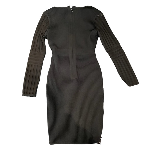 F&P Black Ribbed Dress with Plunging Neckline and Sheer Ribbed Sleeves - Picture 2 of 10